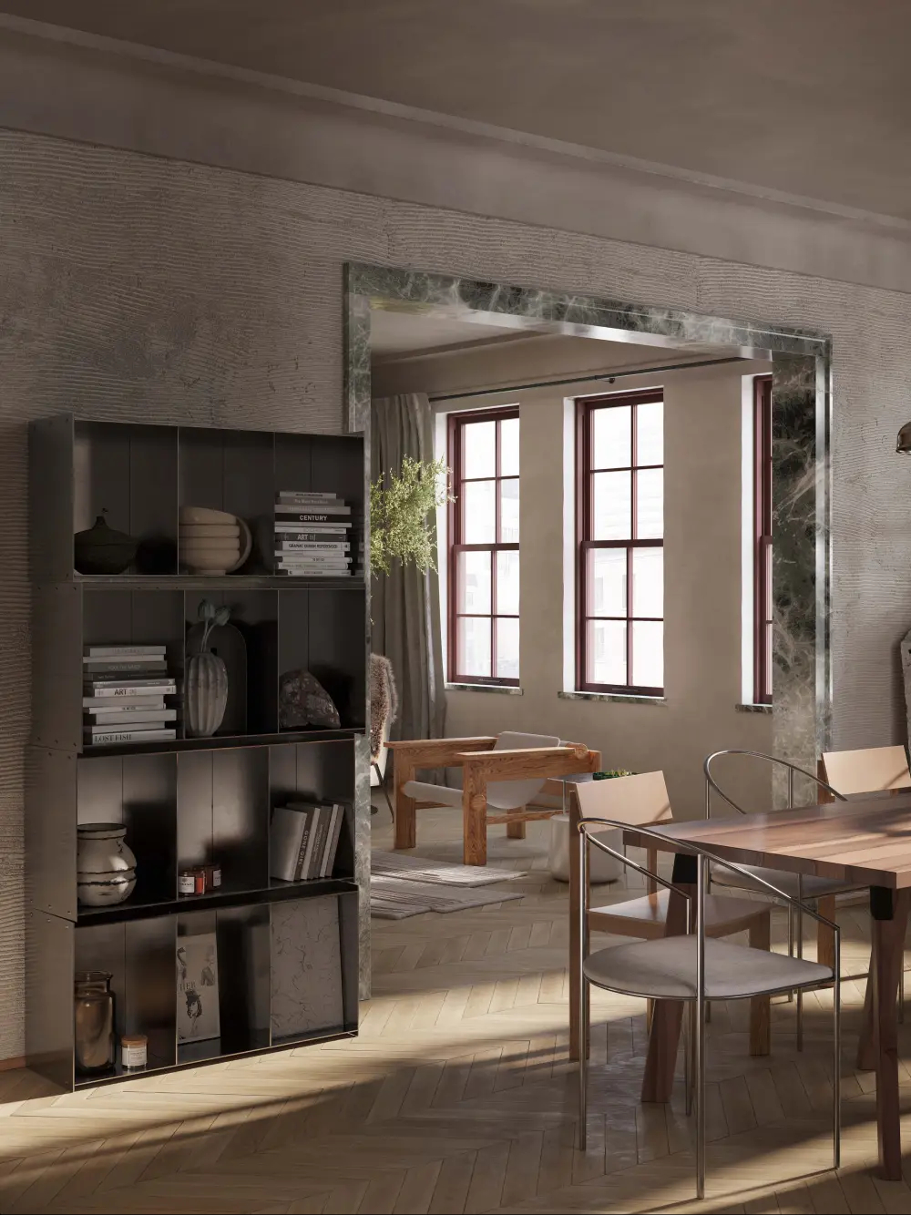 餐厅采用不锈钢搁架、手工抹灰和 Tadelakt 灰泥，由纽约 Arsight 室内装饰公司设计.jpg