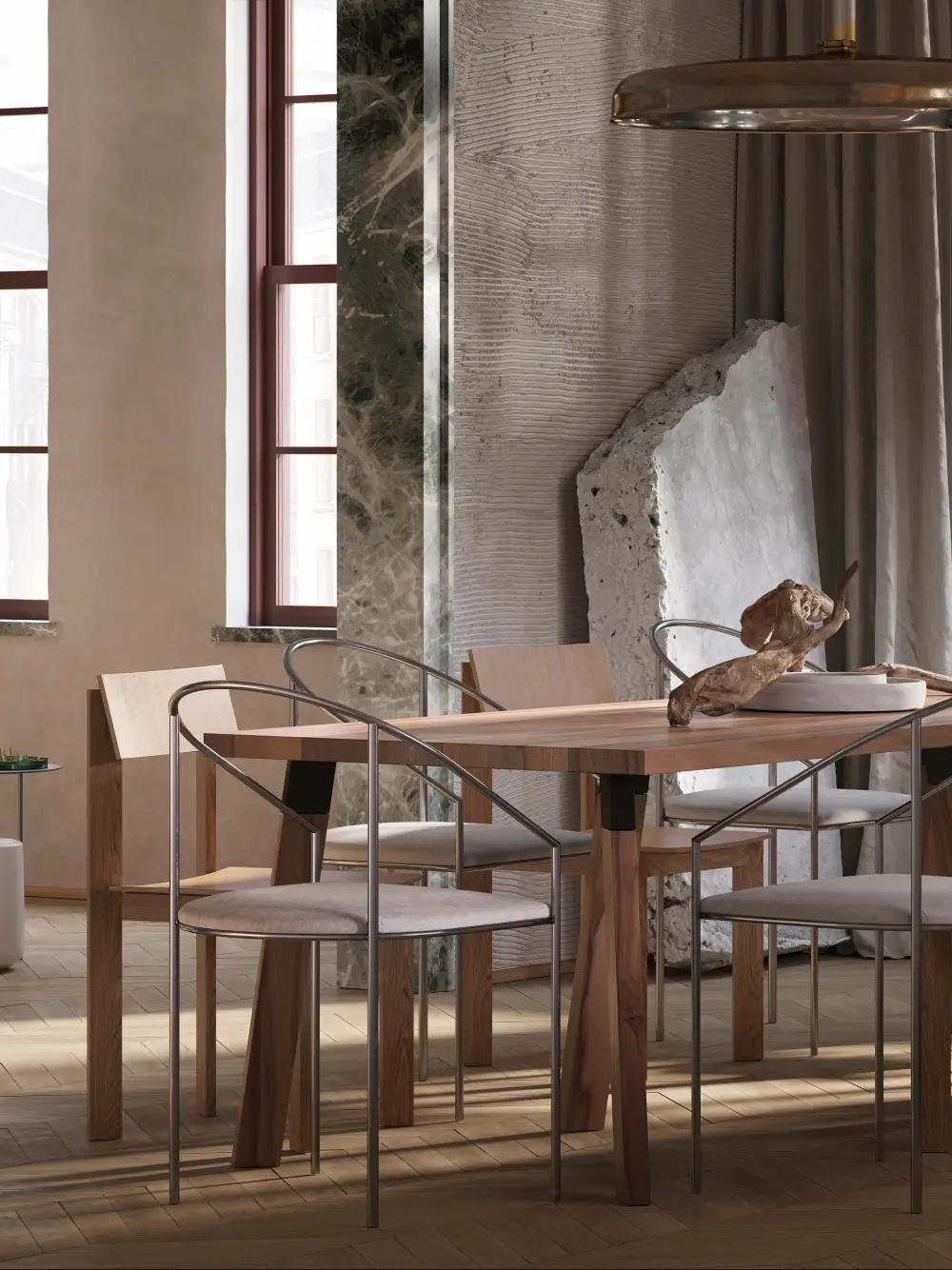 翠贝卡风格的餐厅，配有手工抹灰的石膏、吊灯、混凝土装饰和大理石外壳，均由纽约 Arsight 室内设计师设计.jpg