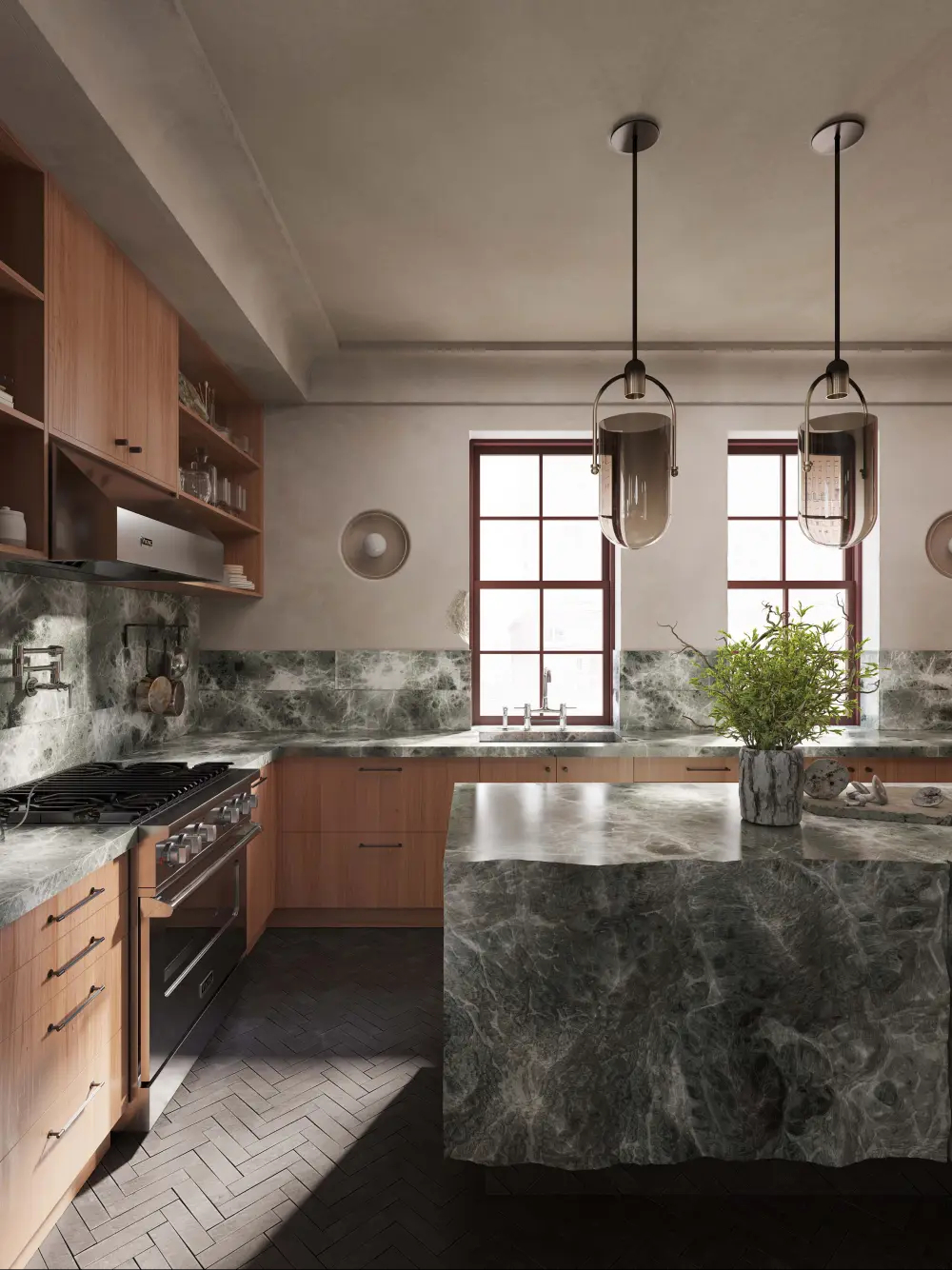 Arsight 设计的曼哈顿厨房，配有石膏墙和天花板、隐藏式壁灯和橡木平板橱柜.jpg