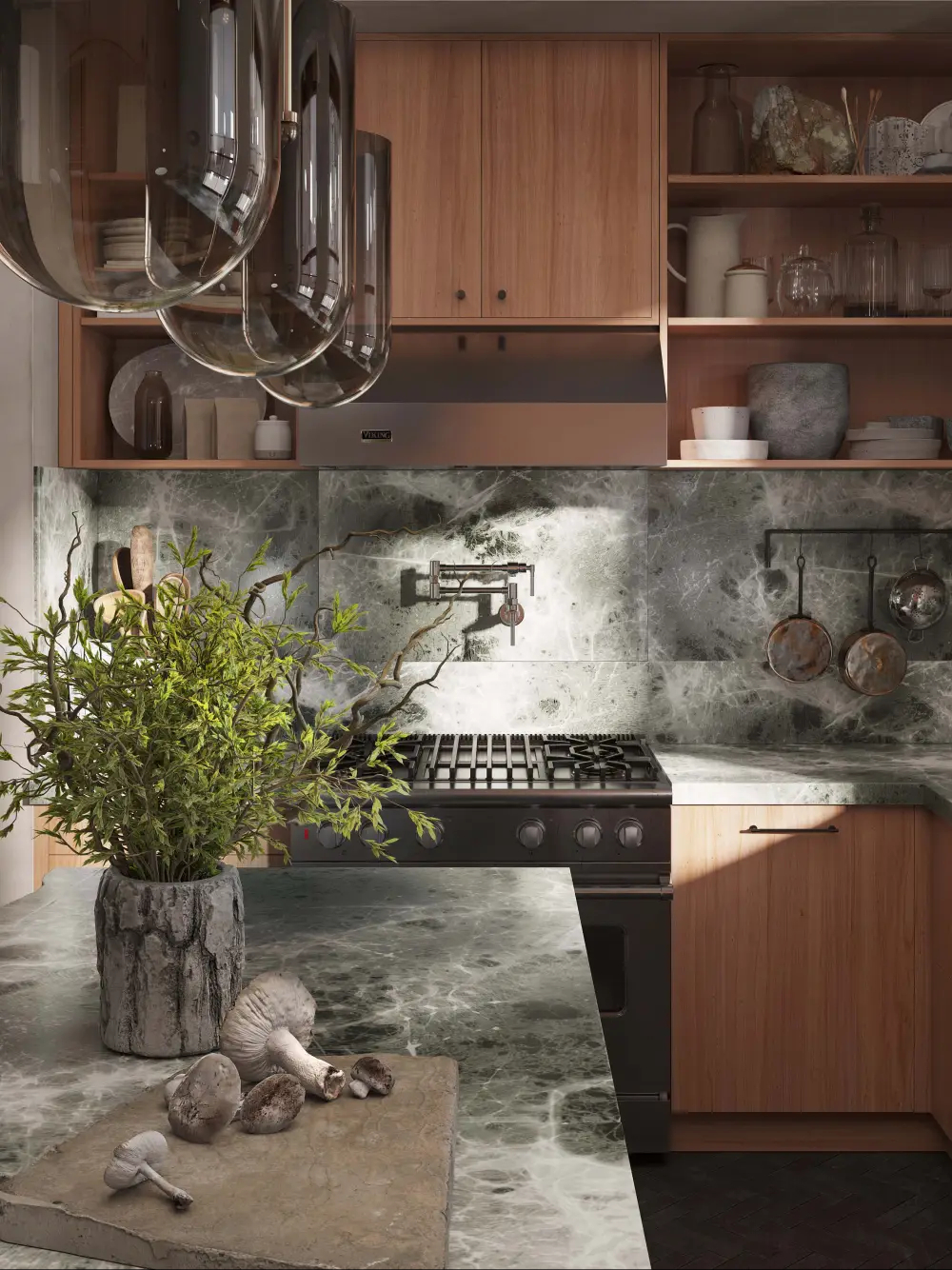 温暖中性的厨房设计，配有吊灯、岛台、不锈钢电器，以及由纽约室内设计师 Arsight 设计的装饰.jpg